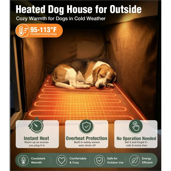 43.3" Large Heated Outdoor Dog House with Heating Pad & Insulated Liner, Weatherproof Large Dog Kennel with All-Around Iron Frame, Brown