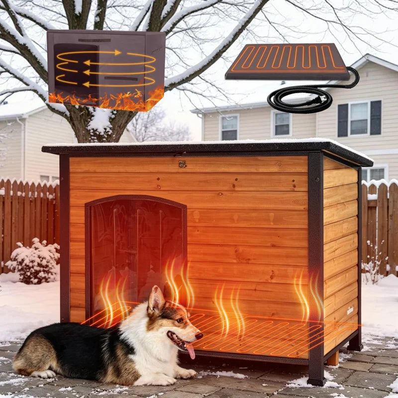 43.3" Large Heated Outdoor Dog House with Heating Pad & Insulated Liner, Weatherproof Large Dog Kennel with All-Around Iron Frame, Brown