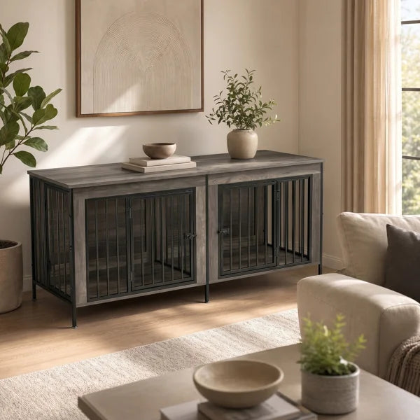 Heavy Duty 54 Inch Double Dog Crate Furniture, Decorative Multi-Pet House Kennel Cage