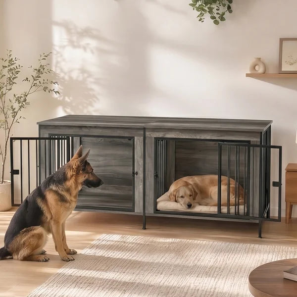 Heavy Duty 54 Inch Double Dog Crate Furniture, Decorative Multi-Pet House Kennel Cage