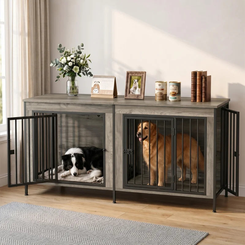 Heavy Duty 54 Inch Double Dog Crate Furniture, Decorative Multi-Pet House Kennel Cage